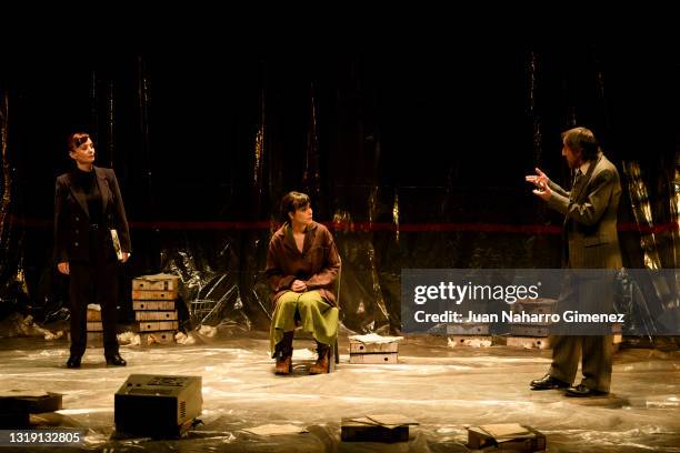 Manuela Paso, Belen Cuesta and Juan Codina perform on stage during 'El Hombre Almohada' at Teatros del Canal on May 20, 2021 in Madrid, Spain.