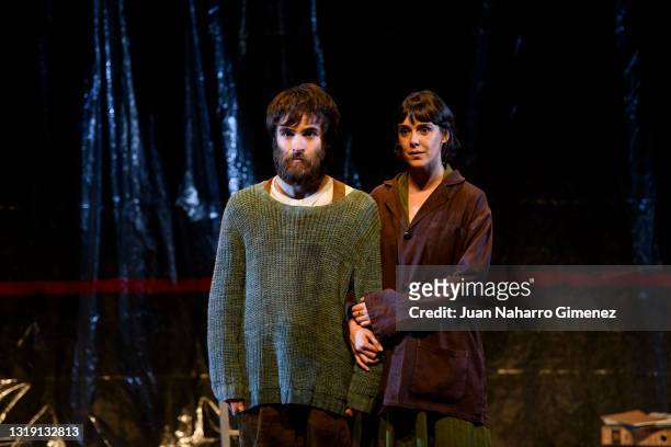 Ricardo Gomez and Belen Cuesta pose on stage during 'El Hombre Almohada' at Teatros del Canal on May 20, 2021 in Madrid, Spain.