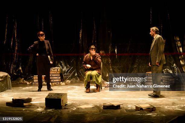 Manuela Paso, Belen Cuesta and Juan Codina perform on stage during 'El Hombre Almohada' at Teatros del Canal on May 20, 2021 in Madrid, Spain.