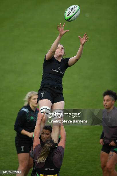 Fiona Fletcher of Harlequins Women wins a line out during a Harlequins Women Training session at Twickenham Stoop on May 20, 2021 in London, England.