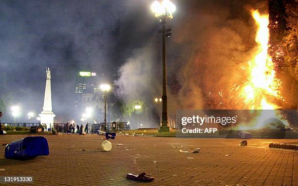 Trees burn at the Plaza de Mayo in Buenos Aires 20 December 2001 after Argentine police used tear gas to disperse demonstrators. Argentine Economy...