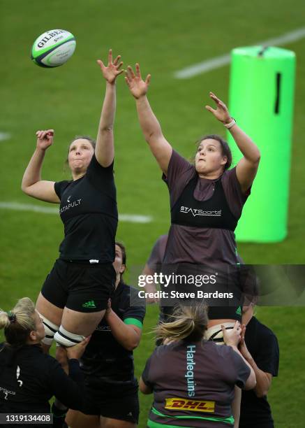 Fiona Fletcher and Sarah Beckett of Harlequins Women contest a line out during a Harlequins Women Training session at Twickenham Stoop on May 20,...