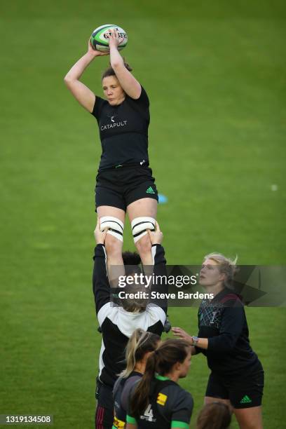 Fiona Fletcher of Harlequins Women wins a line out during a Harlequins Women Training session at Twickenham Stoop on May 20, 2021 in London, England.