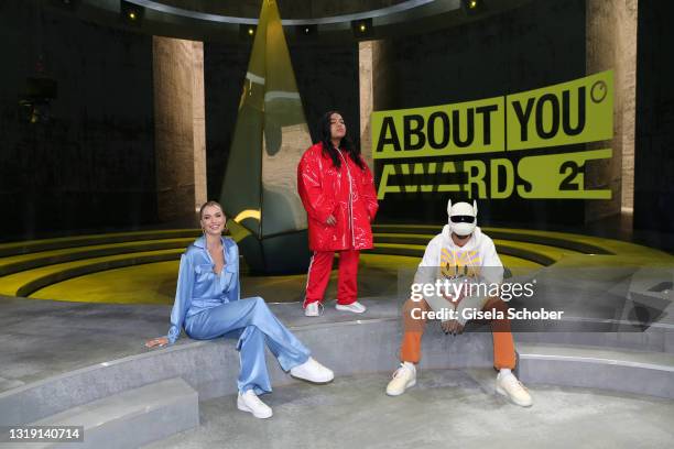 Lena Gercke, singer Zoe Wees and singer Cro pose during the About You Awards 2021 at the 'Central-Hub' in the MMC Studios on May 20, 2021 in Cologne,...