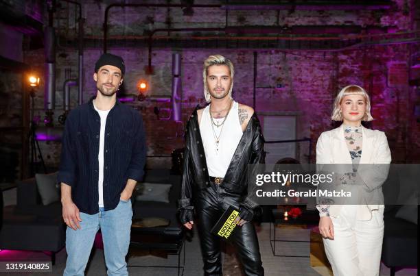 Nominee Philipp Basler, Presenter Bill Kaulitz and nominee Josephine Rais pose at the ABOUT YOU Awards 2021 at the 'Digital Art-Hub' in Leipzig on...