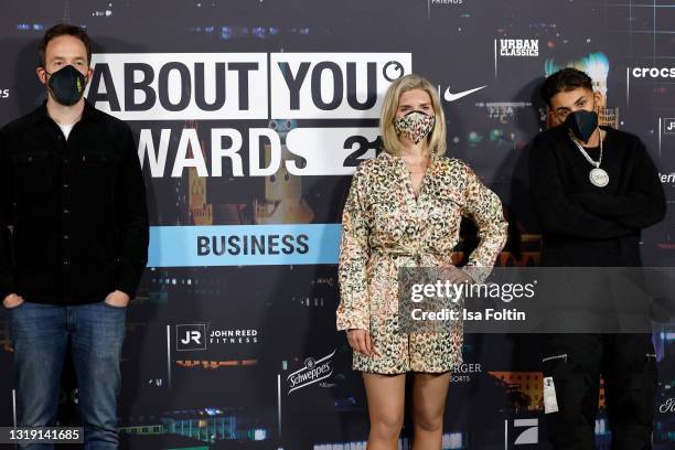 Nominees Philipp Westermeyer, Lea-Sophie Cramer and Achraf pose at the ABOUT YOU Awards 2021 at the 'Business-Hub' in Munich on May 20, 2021 in...