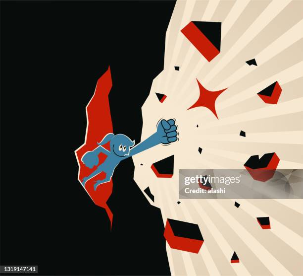 one woman (businesswoman, female leader) punches and breaks through a wall (mountain rock) with her powerful fist, breakthrough, and revolution, conquering adversity and breaking the rules concept - possible stock illustrations