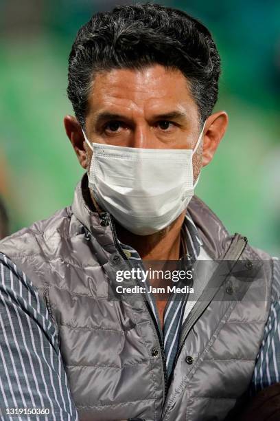 Alejandro Irarragorri, owner of Club Santos, looks on prior to the semifinals first leg match between Santos Laguna and Puebla as part of the Torneo...