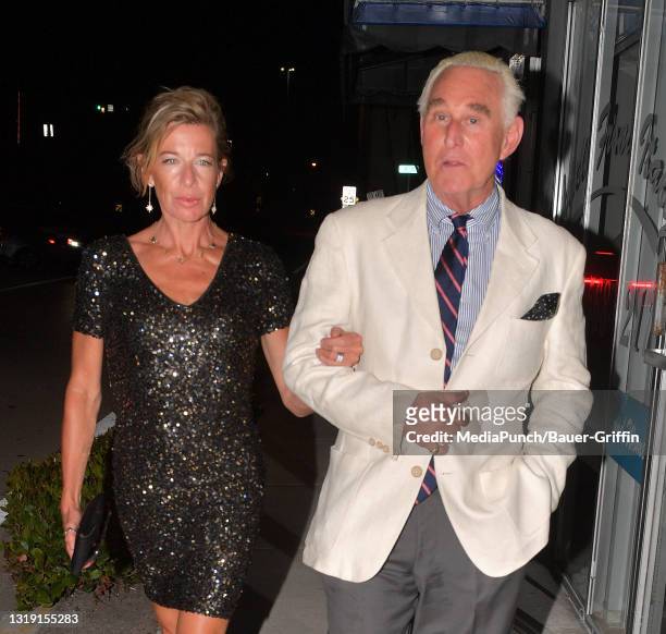 Roger Stone and Katie Hopkins are seen on May 20, 2021 in Fort Lauderdale, Florida.