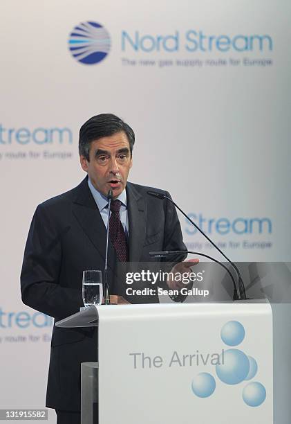 French Prime Minister Francois Fillon speaks at a ceremony to inaugurate the Nord Stream Baltic Sea gas pipeline on November 8, 2011 in Lubmin,...