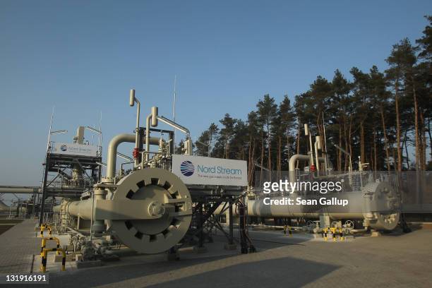 Blue sky hangs over the central facility where the Nord Stream Baltic Sea gas pipeline reaches western Europe following the pipeline's official...