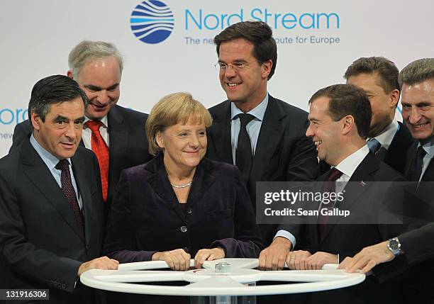 French Prime Minister Francois Fillon, Nord Stream Managing Director Matthias Warnig, German Chancellor Angela Merkel, Dutch Prime Minister Mark...