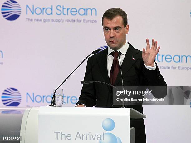 Russian President Dmitry Medvedev arrives to turn a wheel with other European leaders to symbolically start the flow of gas through the Nord Stream...