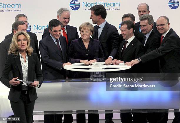 French Prime Minister Francois Fillon, Nord Stream Managing Director Matthias Warnig, German Chancellor Angela Merkel, Dutch Prime Minister Mark...