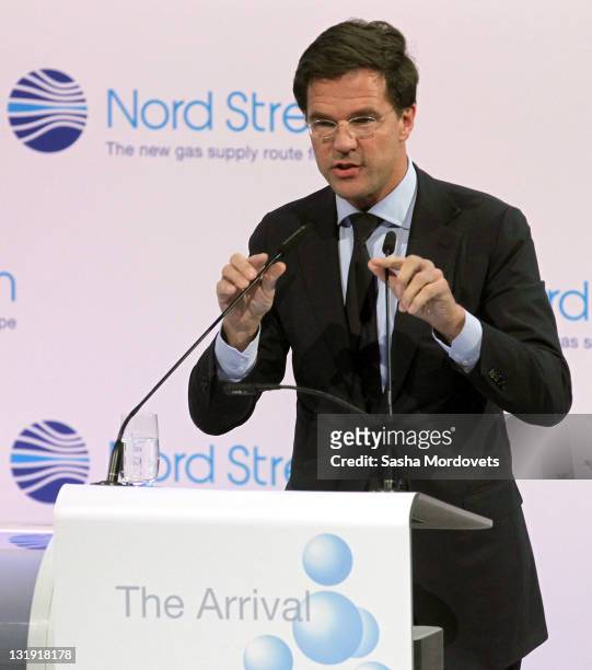 Dutch Prime Minister Mark Rutte speaks at a ceremony to inaugurate the Nord Stream Baltic Sea gas pipeline on November 8, 2011 in Lubmin, Germany. A...