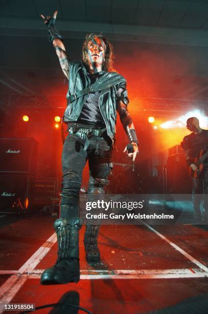 Mathias NygÃ¥rd of Turisas performs on stage during Damnation Festival at Leeds University on November 5, 2011 in Leeds, United Kingdom.