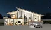 Modern home cross section, night scene, 3d rendering