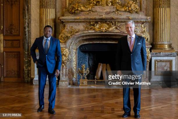 King Philippe of Belgium receives in audience President of the Republic of Togo Faure Gnassingbé in the Royal Palace on May 20, 2021 in Brussels,...