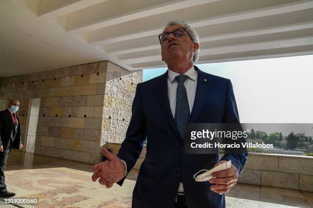 Luxembourg's Finance Minister Pierre Gramegna speaks to journalists as he arrives to participate of informal meetings of Eurogroup and ECOFIN in...
