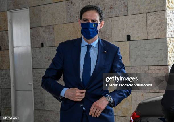 The Netherlands' Minister of Finance Wopke Hoekstra wears a protective mask as he arrives to participate of informal meetings of Eurogroup and ECOFIN...