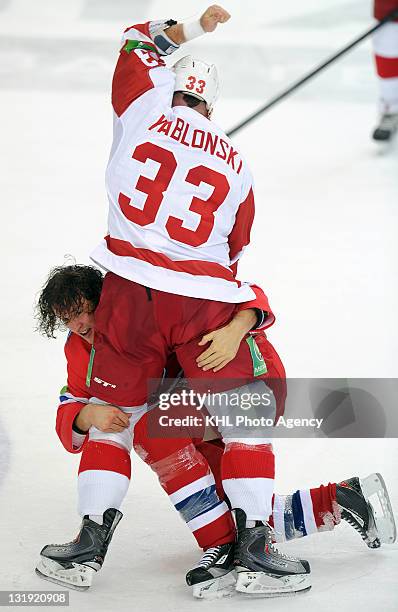 Darsy Verot of the CSKA and Jeremy Yablonski of the Vityaz are tangled up as they fight during the game between Vityaz Chekhov and CSKA Moscow during...