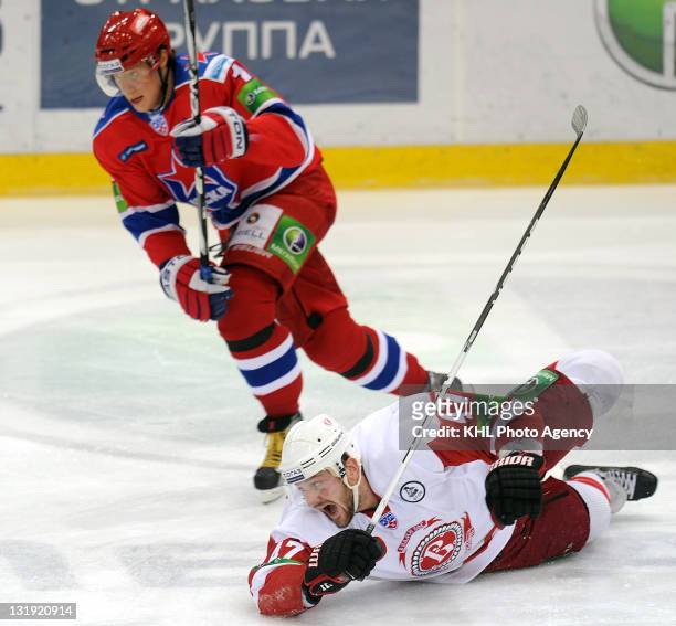 Nick Tarnasky of the Vityaz falls during the game between Vityaz Chekhov and CSKA Moscow during the KHL Championship 2011/2012 on November 2, 2011 at...