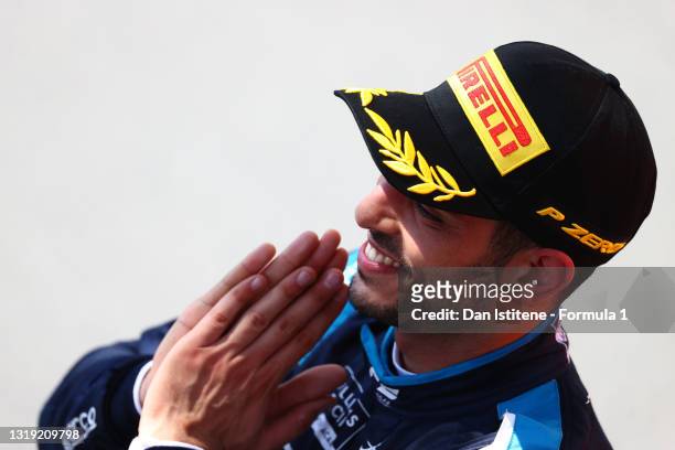 Third placed Roy Nissany of Israel and DAMS celebrates in parc ferme during Sprint Race 1 of Round 2:Monte Carlo of the Formula 2 Championship at...