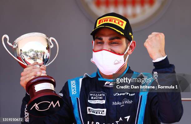 Third placed Roy Nissany of Israel and DAMS celebrates on the podium during Sprint Race 1 of Round 2:Monte Carlo of the Formula 2 Championship at...