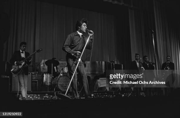 American singer-songwriter and pianist Little Richard performing with his Royal Company on stage at the Apollo Theater in the Harlem neighbourhood of...