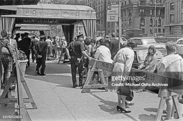 Police security barriers outside Delmonico's Hotel on Park Avenue, where British rock and roll band The Dave Clark Five are staying in New York City,...