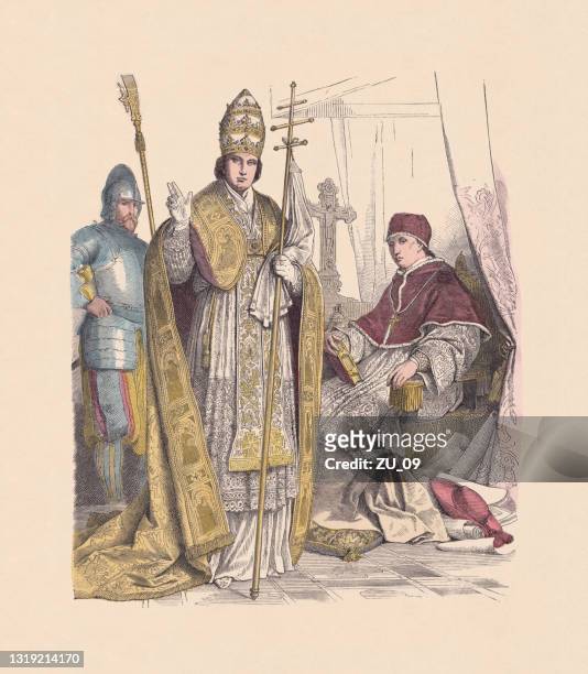 16th-17th century, catholic vestments, papal clothing, hand-colored woodcut, published c.1880 - pope stock illustrations