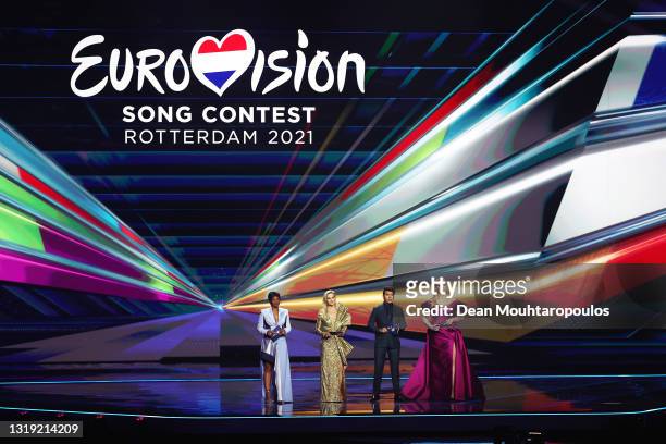 Presenters Edsilia Rombley, Chantal Janzen, Jan Smit and Nikkie de Jager during the 65th Eurovision Song Contest dress rehearsal held at Rotterdam...