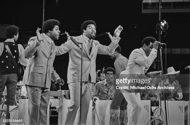 American soul group The Isley Brothers performing live at the first Soul Brothers Summer Music Festival, held at Yankee Stadium in The Bronx borough...