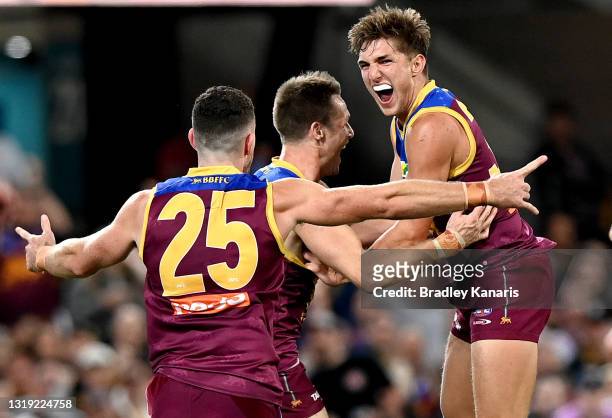 Zac Bailey of the Lions celebrates after kicking a goal during the round 10 AFL match between the Brisbane Lions and the Richmond Tigers at The Gabba...