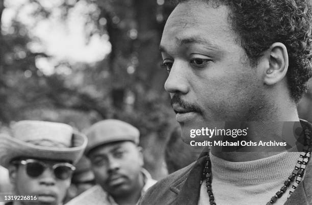 American civil rights activist and Baptist minister Jesse Jackson at the activists' encampment, dubbed 'Resurrection City', at the close of the Poor...