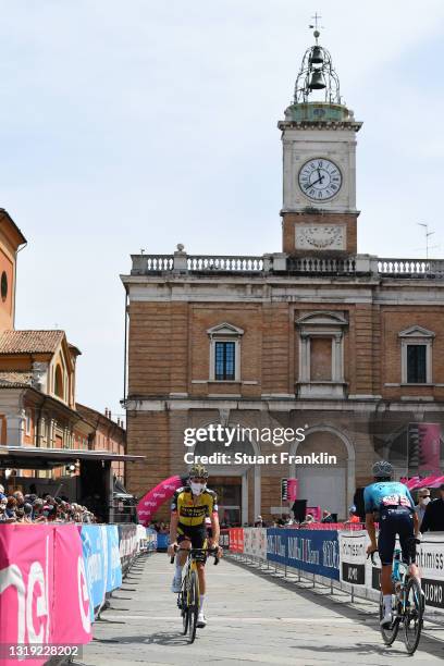 Paul Martens of Germany and Team Jumbo - Visma & Harold Tejada Canacue of Colombia and Team Astana – Premier Tech at start in Ravenna- Piazza del...