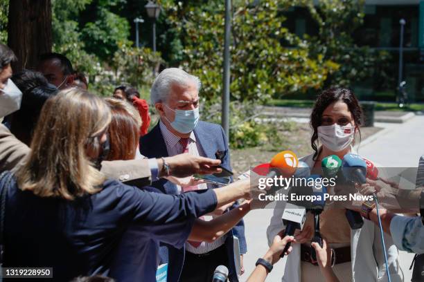 The acting president of the Community of Madrid, Isabel Diaz Ayuso , accompanied by the writer Mario Vargas Llosa , makes a statement to the media...