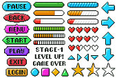 Pixel game menu buttons. Game 8 bit ui controller arrows, level and live bars, menu, stop, play buttons vector illustration set. Gaming menu buttons