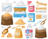 Cartoon sugar. Cube sugar, granulated and crystalline sugar, sugar in canvas bags and carton packages vector illustration set. Sugar cartoon symbols