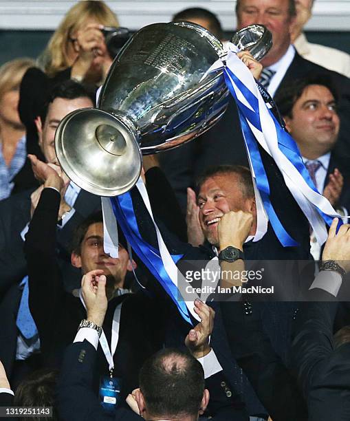 Roman Abramovic is seen during UEFA Champions League Final between FC Bayern Muenchen and Chelsea at the Fussball Arena München on May 19, 2012 in...