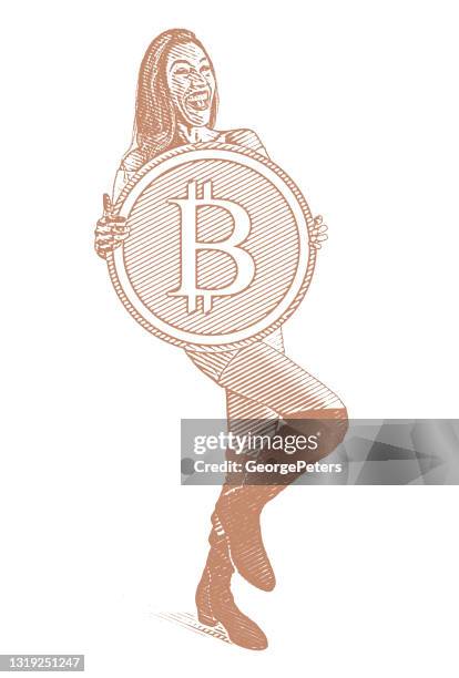 happy, successful businesswoman holding bitcoin - latina business woman white background stock illustrations