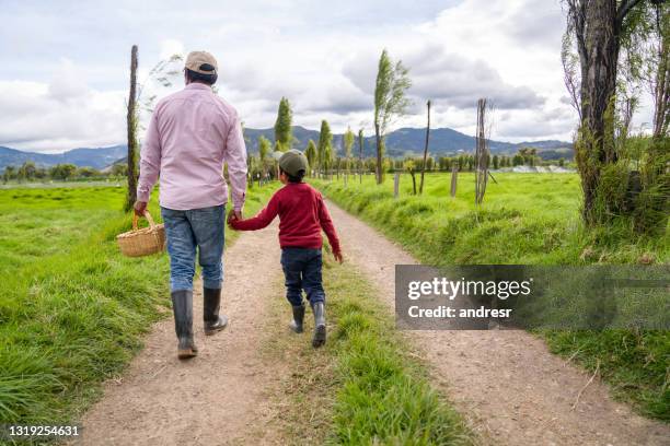 latijns-amerikaanse landbouwer die rond hun landbouwbedrijf loopt dat handen met zijn zoon houdt - legacy stockfoto's en -beelden