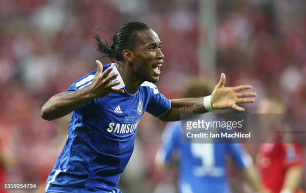 Didier Drogba of Chelsea celebrates after scoring a very late equalizing goal during UEFA Champions League Final between FC Bayern Muenchen and...