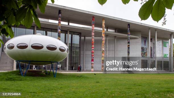 General view of the installation from artist Victor Ehikhamenor at the Pinakothek der Moderne on May 21, 2021 in Munich, Germany. Museum and cultural...