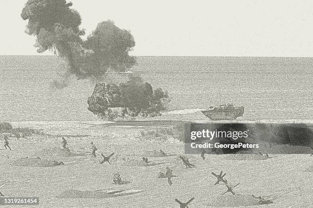 wwii battlefield, omaha beach. normandy invasion. - d day invasion stock illustrations