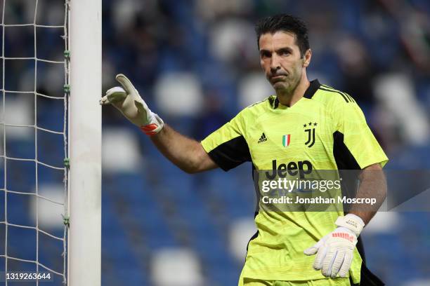 Gianluigi Buffon of Juventus reacts during the TIMVISION Cup Final between Atalanta BC and Juventus at Mapei Stadium - Citta' del Tricolore on May...