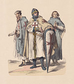 12th-13th century, Knights Templar, hand-colored wood engraving, published ca. 1880