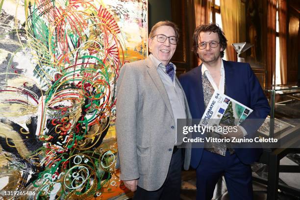 Jürgen A. Messmer and Dirk Geuer attend the exhibition opening "Leonismo" by artist Leon Loewentraut on May 21, 2021 in Venice, Italy. In the...