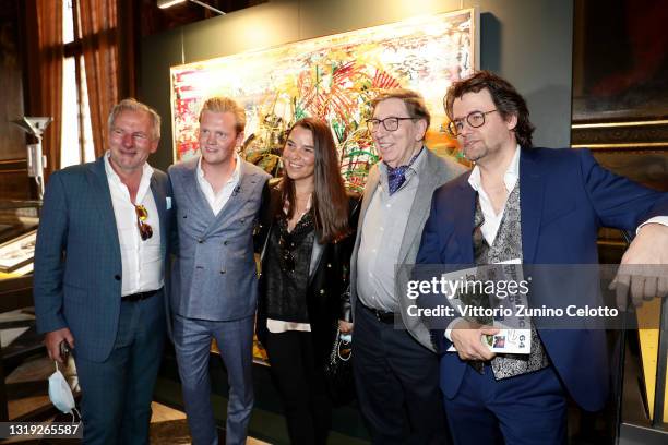 Gerhardt Braun, Leon Löwentraut, a guest, Jürgen A. Messmer and Dirk Geuer attend the exhibition opening "Leonismo" by artist Leon Loewentraut on May...