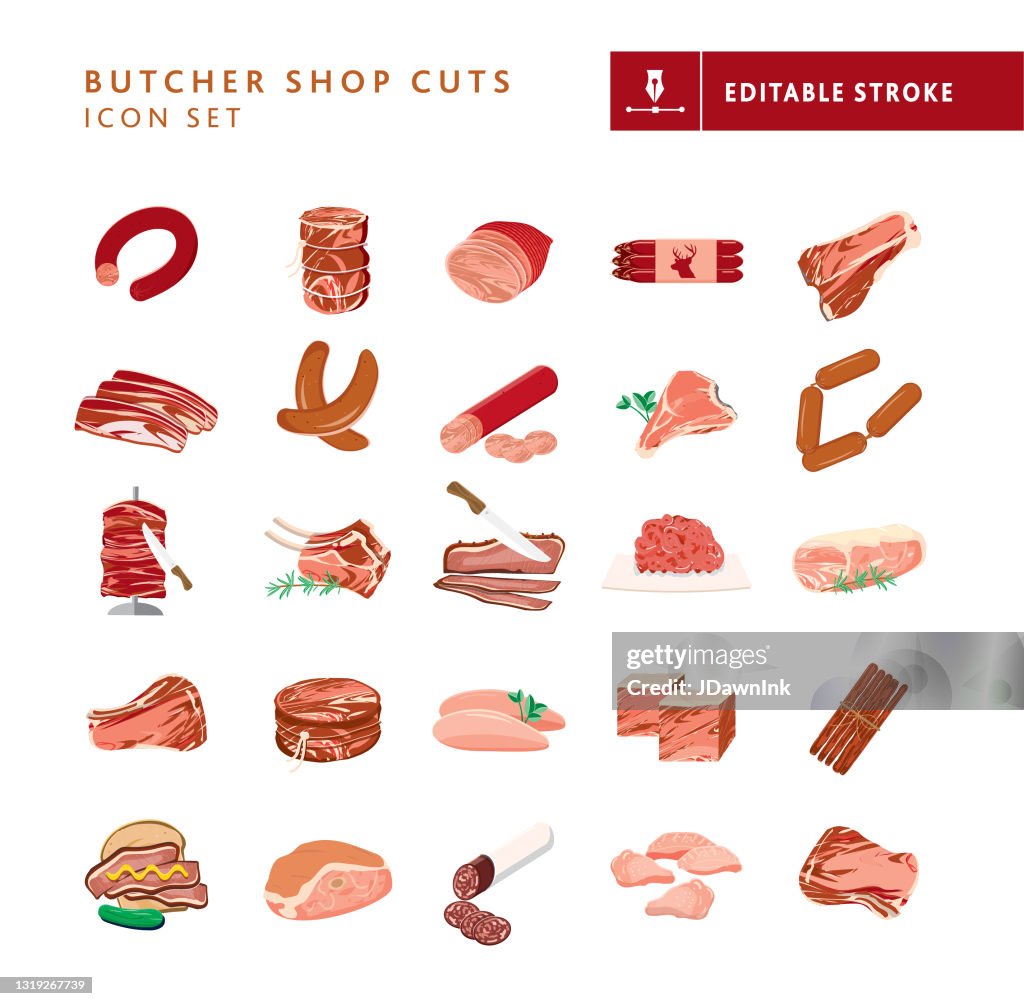Butcher shop meat cuts, pork, chicken, beef, venison lamb cuts and smoked meats icon set on white background